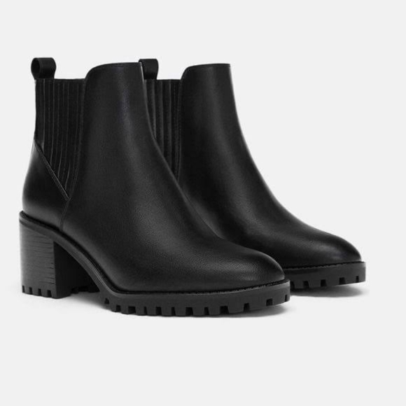 Zara Shoes - Zara Basic Lug Sole Heeled Leather Booties